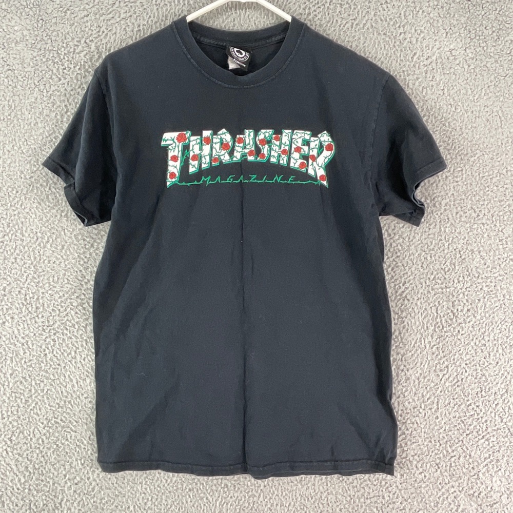 Thrasher Magazine T-Shirt Mens Medium Black Rose Thorn Logo Skate Graphic Tee